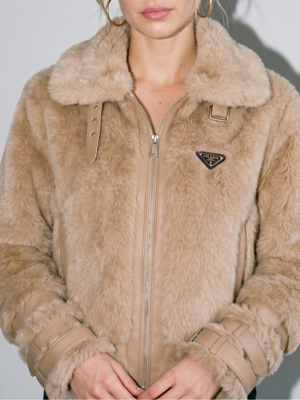 Prada Emblem Upcycled Faux Fur Aviator Jacket Large Beige Relaxed Bomber, Large